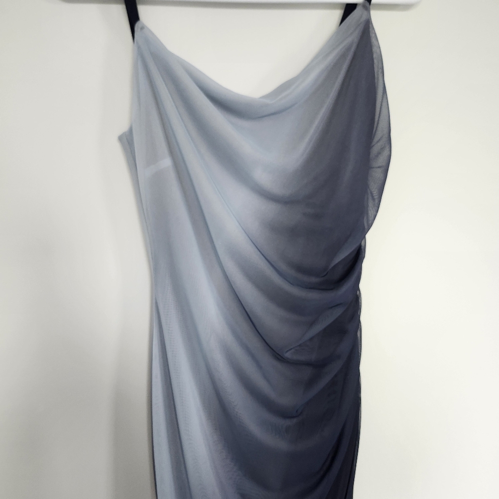 Le Chateau Blue Sheer Asymmetrical Gradient Draped Women's Dress Fitted
